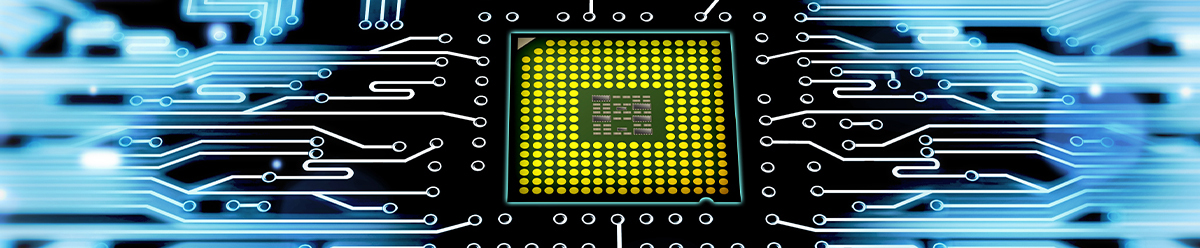 yellow-green circuit board in the middle of a background that looks like circuit lines, blue on black 
