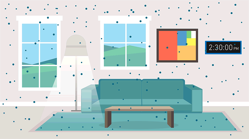 动画中，粒子以蓝色圆点的形式通过窗户、风扇和过滤器在客厅中循环。