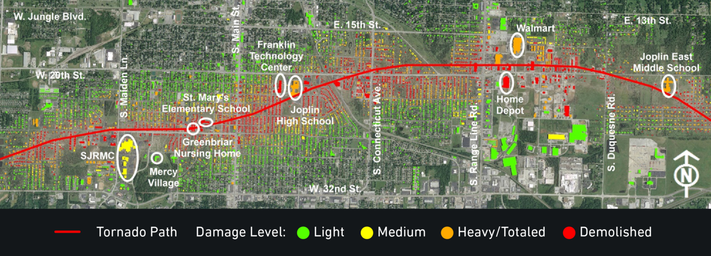 A satellite map show the Joplin tornado's path as a red line, with information about the level of damage.