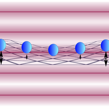 Nine blue spheres lined up on a horizontal mesh structure curved up at the ends. Double-headed black arrows below all but the center sphere suggest vibration. Pink and white striped background.