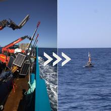 Side-by-side photos show a buoy with attached scientific devices on the deck of a ship and then floating in the ocean. 
