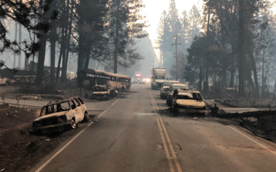 A two-lane highway lined with the burnt remains of vehicles that were destroyed by fire while in traffic.