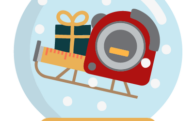 Cartoon snow globe features a tape measure shaped like Santa's sleigh.