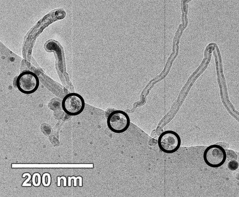 Bright field transmission electron micrograph showing carbon nanotubes grown from an array of equally-sized iron catalyst particles created by electron beam-induced decomposition of a diiron nonacarbonyl precursor.
