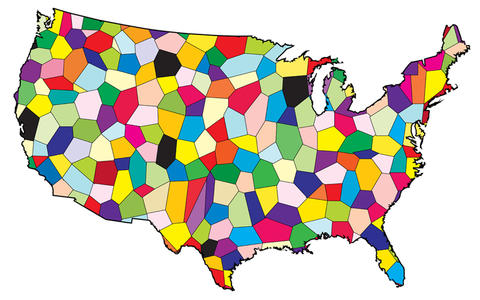 A map of The United States of America showing the states in mosaic of different colors.
