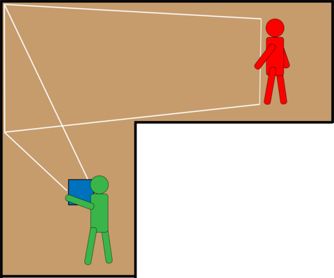 Illustrated hallway with a person on either side of a corner. One person holds up a square item with lines extending outward and around the corner toward the other person.
