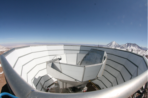 Cup-shaped telescope structure surrounded by larger cup-shaped shield on a clear day. 