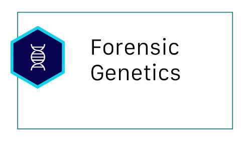 a hexagon with a DNA icon sits on the left side of a box with the words Forensic Genetics