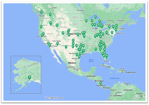 Map showing the OSAC Registry Implementers permitting posting on the OSAC website (July 2023)