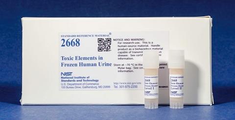 Photograph of a unit of SRM 2668 with labeled box and frozen plastic vials.