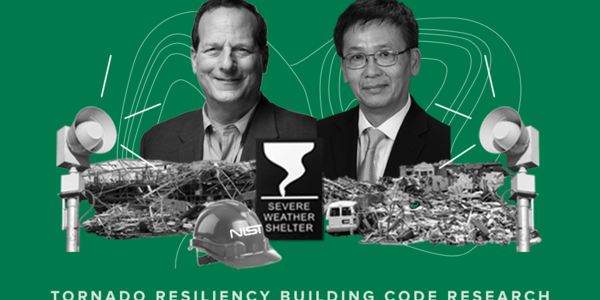 马克·莱维坦（Marc Levitan）和龙潘（Long Phan）的照片是龙卷风图片拼贴的一部分，标签为：龙卷风弹性建筑规范研究（tornado Resiliency Building Code Research）