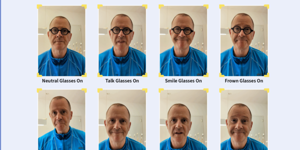 八张图片显示的是同一个人，四个戴眼镜，四个不戴眼镜，所有人都有不同的面部表情。标签上写着：数据库面部表情。