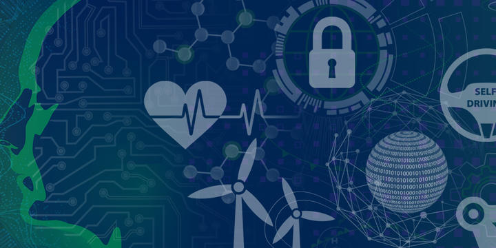 Illustration that shows an outline of a face and then icons to represent different areas of AI including heart (health), lock (cyber), windmills (energy), steering wheel (cars) and manufacturing arm
