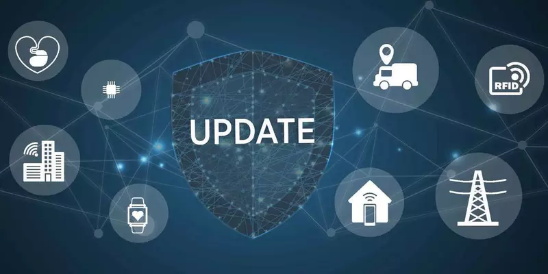 Shield labeled "Update" is surrounded by icons for Internet of Things applications like fitness trackers and smart home systems.