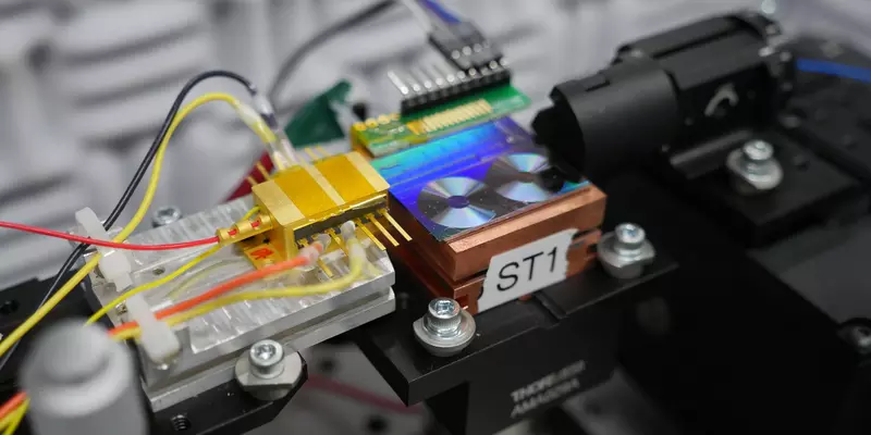 Chip that converts lights into microwave signals. The chip is a fluorescent panel that looks like two tiny vinyl records. A gold box sits to the left of the chip, which is the semiconductor laser.