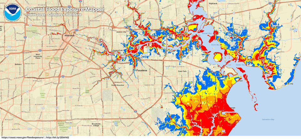Street map of Houston. Flooding heights are denoted by the color of areas within storm surge zones. Blue areas indicate floods up to three feet tall, yellow areas are up to six feet, orange areas are up to nine feet and floods in red areas are taller than nine feet.