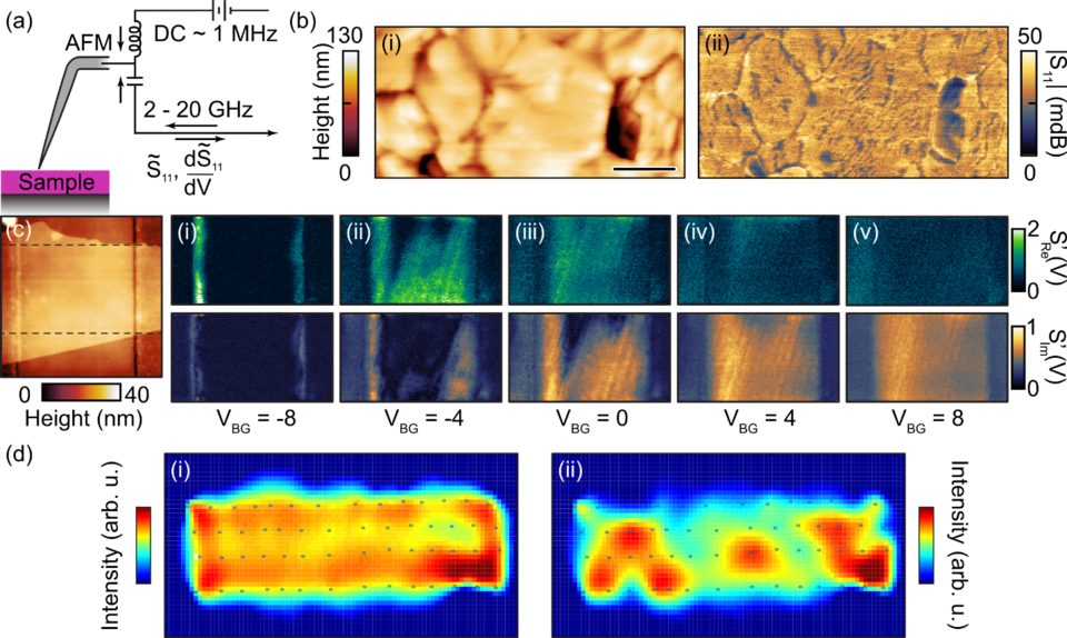 (a) Schematic of a near-field scanning microwave microscope (NSMM). (b) NSMM images of a perovskite PV sample, (c) NSMM MoS2 back-gate device, (d) Spatial imaging of excited spin wave modes.