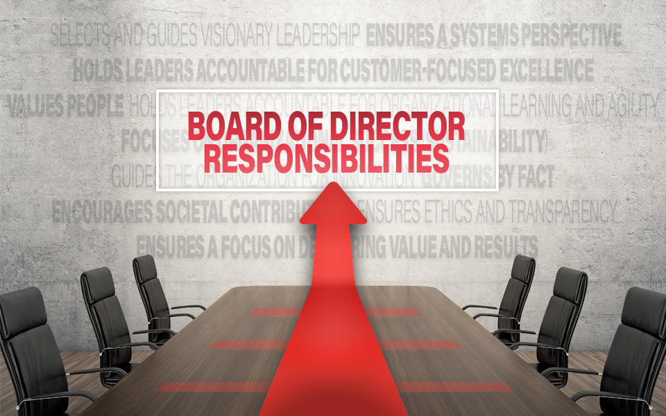 An empty board room and chairs showing the core values and concepts in the background with the Board of Director Responsibilities highlighted.