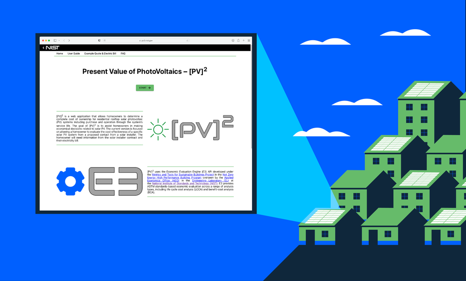 The landing page for the Present Value of PhotoVoltaics tool is incorporated into an illustration of houses with solar panels on their roofs. 