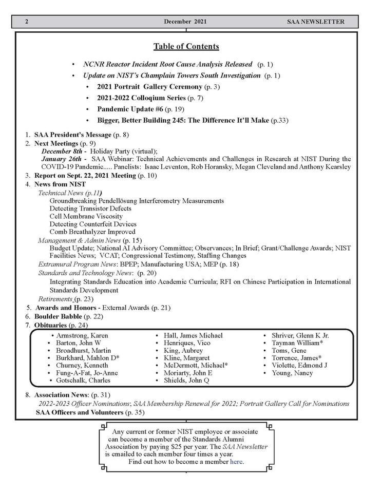 Image of Table of Contents to the SAA Newsletter December 2021 issue
