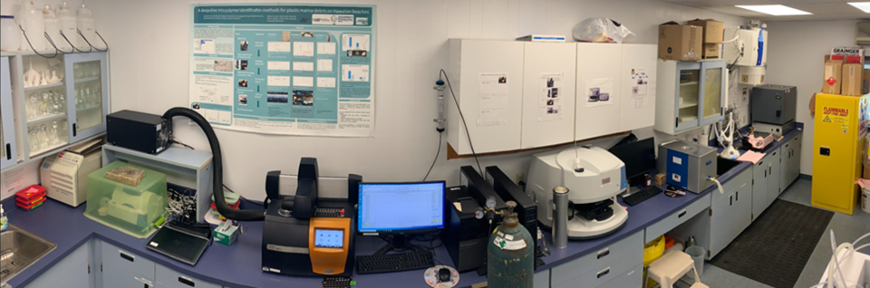Photo of one bench that has chemistry instrumentation at CMDR in Hawaii for plastic pollution quantification and characterization.