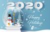 Happy Holidays 2020 with a snowman and bunny in a snow globe with a winter snow scene in background.