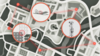 Still from animation shows map with icons of buildings, airplane, satellite tower. 