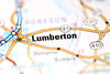 一张地图的特写显示了一个名为Lumberton的城市