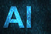 字母“AI”以蓝色显示在二进制数字、1和0的背景上。 