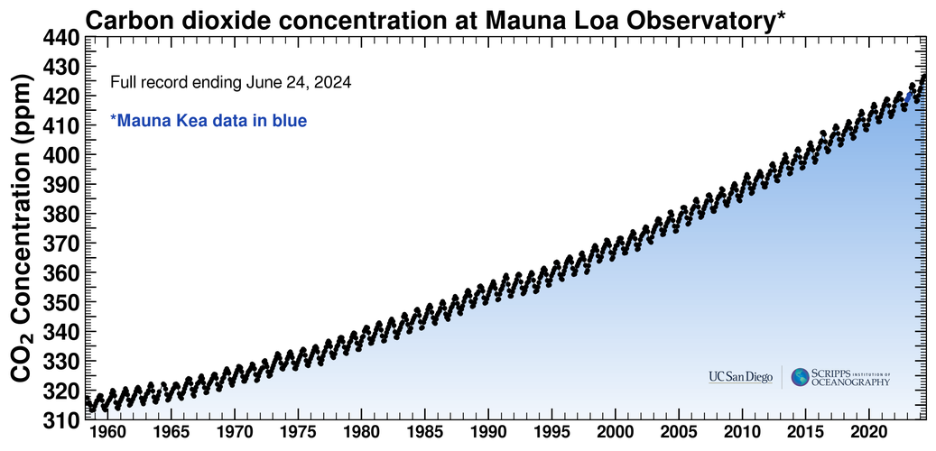 Chart shows carbon dioxide concentrations at Mauna Loa Observatory rising steadily, with seasonal fluctuations, from 1960 through 2020. 