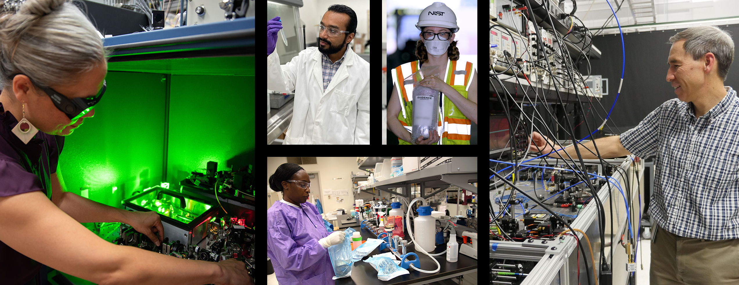5 pictures. Far left: Woman in goggles with atomic clock. Center top left: Man in goggles with test tube. Center top right: Woman in hard hat and goggles carrying a package that says EVIDENCE. Center bottom: Woman in goggles in lab. Right: Man with atomic clock.