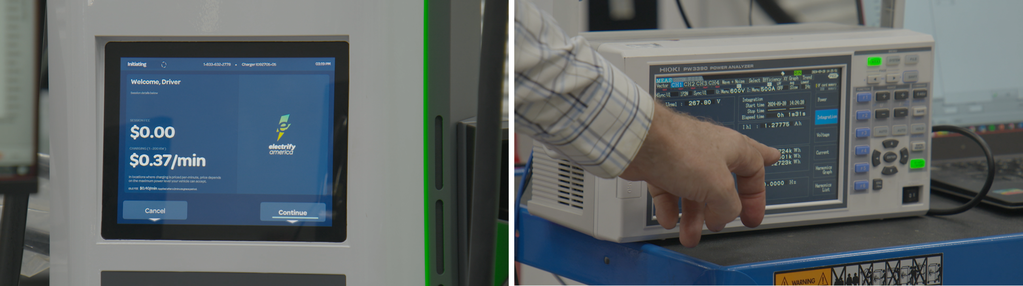 An image of a DC fast charger display screen on left-hand side.  Ted Bohn (ANL) points to an accuracy test power measurement result of a DC fast charger on right-hand side.