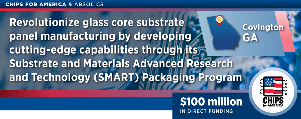 CHIPS for America & Absolics - Revolutionize glass core substrate panel manufacturing by developing cutting-edge capabilities through its Substrates and Materials Advanced Research and Technology (SMART) Packaging Program