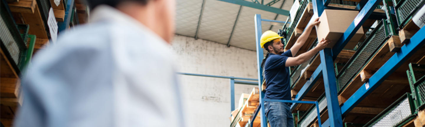 Warehouse worker on ladder searching for box with foreman assisting