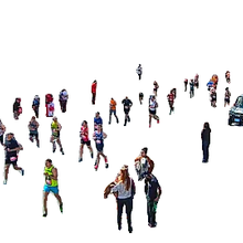 This image shows people running on a road with an overlay depicting video object recognition