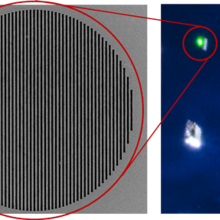 right: blue background with white specks of light. left: gray background with black vertical lines making up a circle.