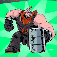 A cartoon strongman with a metallic fist