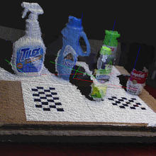 A photo of fuzzy household cleaners as they're seen through the vision system used in the Perception Challenge