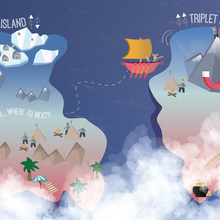 A cartoon of two islands in a blue sea. Each island has mountains and explorers. At bottom are clouds and a pot of gold.