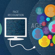 A figure in a blue circle sits to the left of a computer labeled "face recognition search". On the right is a group of figures surrounded by question marks and the words "age, race, sex." 