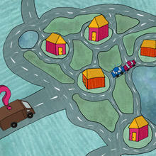 a delivery truck with a question mark hovering over it sits parked near a group of houses as the driver tries to figure out the optimal route to make deliveries. There are a pair of crashed cars near the center of the graphic to illustrate that optimization problems like this are hard to solve. 