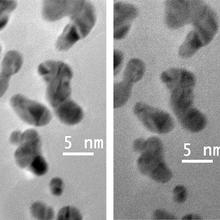 Black and white images of peanut-shaped blotches on two side to side panels, with the right-hand image almost as clear as the left-hand image.