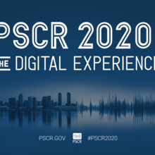 Hero image for PSCR 2020: The Digital Experience. Image includes typography and a city landscape / sound wave graphic.