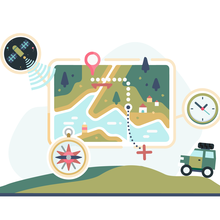An off-road vehicle on a hill is seen below a map of territory, which is surrounded by a compass, a clock and a satellite. 