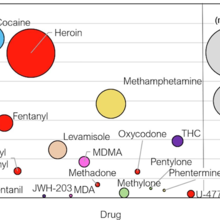 Bubble chart percentage of samples containing drugs