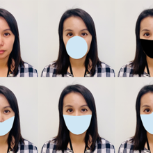 A woman's face appears six times. One time has no mask. The other 5 instances she wears a different digitally applied mask shape. The masks are blue or black and cover some variation of the mouth and nose region.