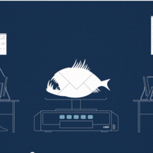 Illustration shows a toothy fish on a scale with people working on computers.