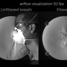 Side-by-side images of a person in profile breathing through masks with and without an exhalation valve