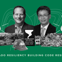 Photos of Marc Levitan and Long Phan are part of a collage of tornado images labeled: Tornado Resiliency Building Code Research