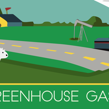 Illustration shows a truck driving along a road and a cow in a field, along with an oil well and a factory with smokestacks. It reads: Greenhouse Gases. 